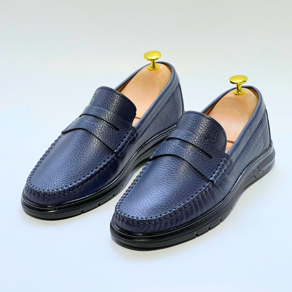 Denver: Mocassin Homme Médical - 100% Cuir Grainé BLEU - ref 104