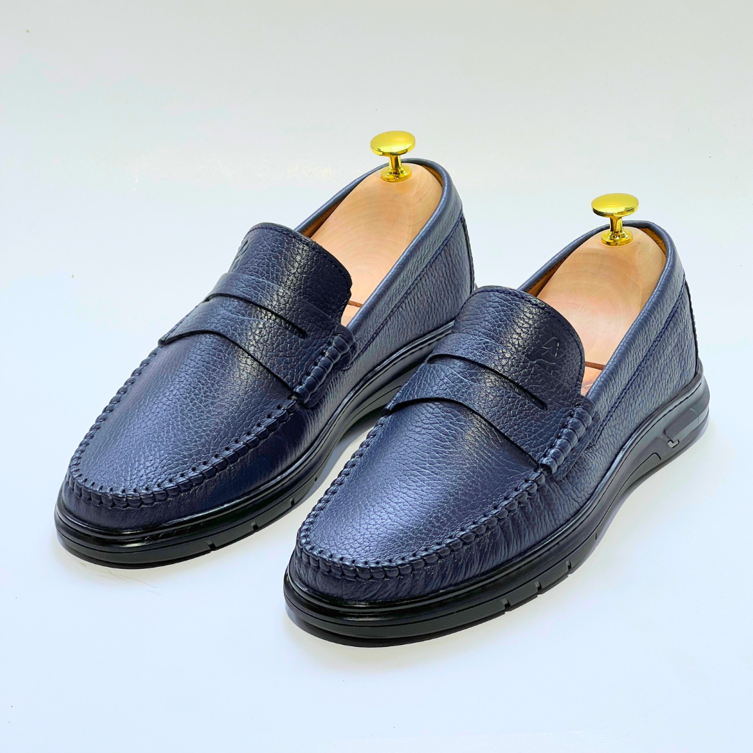 Denver: Mocassin Homme Médical - 100% Cuir Grainé BLEU - ref 104