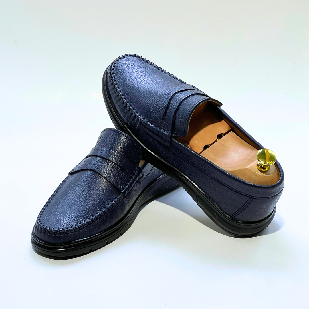 Denver: Mocassin Homme Médical - 100% Cuir Grainé BLEU - ref 104